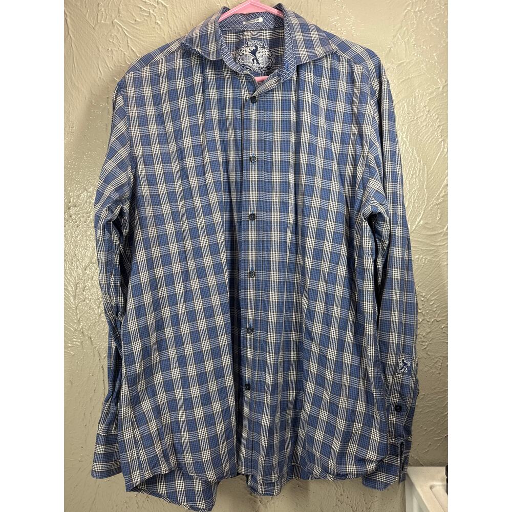 Bugatchi Shaped Fit Cotton Button Down Plaid Blue Mens Shirt Size 2XL